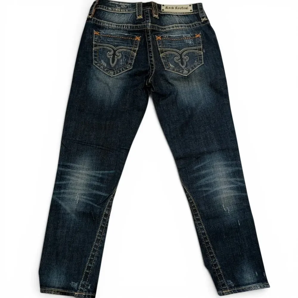 ROCK REVIVAL Capri Jeans Women's 26 Thick Stitch Indigo Distressed Denim Y2K